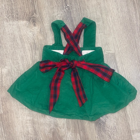 The Beaufort Bonnet Company Green Corduroy Christmas Dress with Red Plaid Bow - Picture 1 of 4